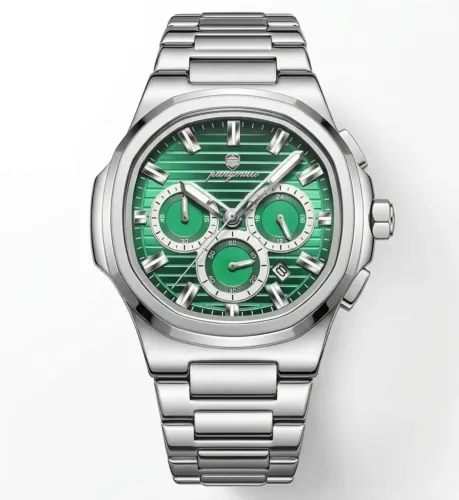 Relógio Paazomu Inox Silver Green Cronografo Esporte/fino de luxo Bisel Octagonal Lindo