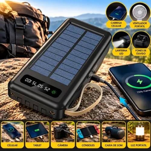 Power Bank Solar 20.000mAh 5 em 1 com 4 Cabos e Lanterna LED