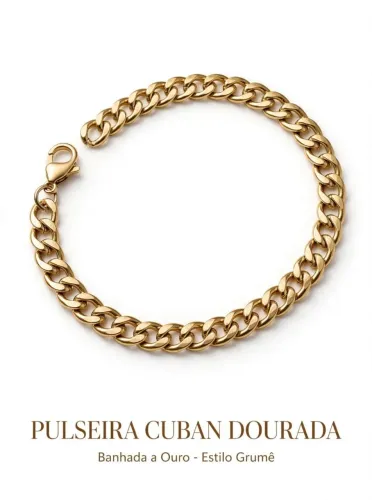 Pulseira Grumê Cuban Dourada Banhada a Ouro - Masculina 20cm