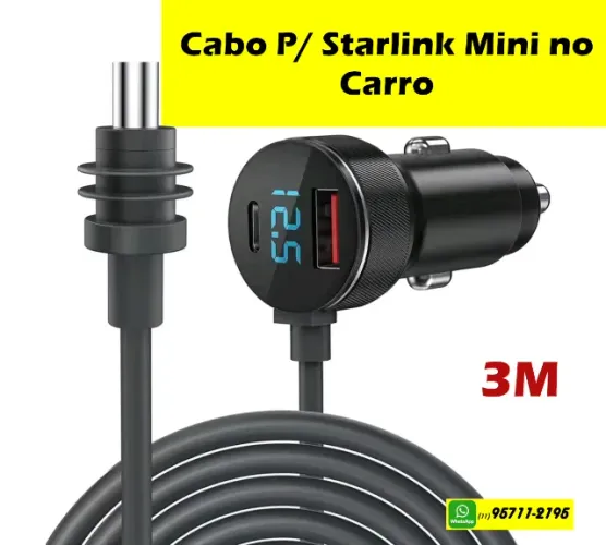 Carregador Veicular Duplo USB-A + Usb-C Cabo de 3m p/ Star-link