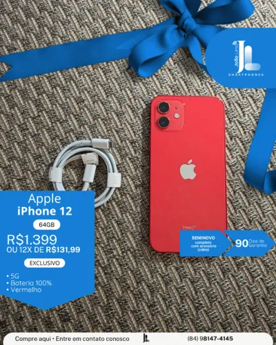 IPHONE 12, 64GB, 5G, VERMELHO, SEMINOVO, EXCLUSIVO!
