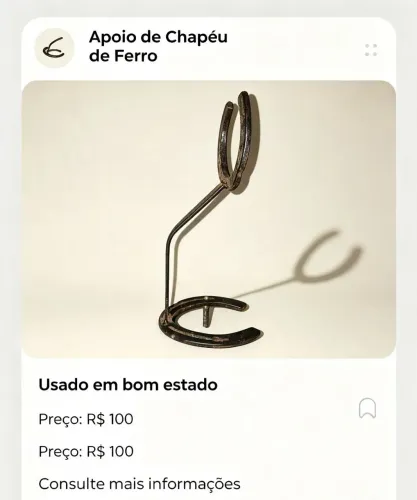 ? Apoio de Chapéu Ferro Ferradura - Pronto Entrega R$ 100