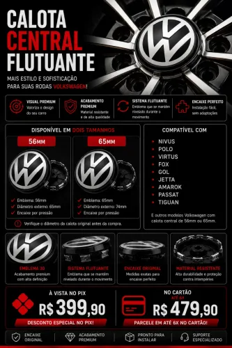 Calota Central VW Flutuante Premium - Logo Flutuante 56 mm e 65 mm