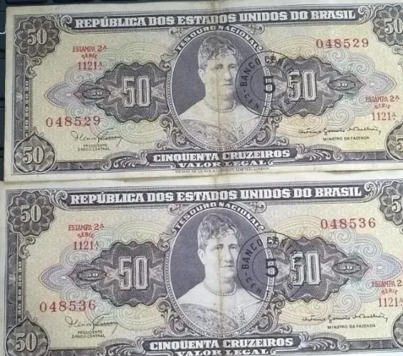 Duas cédulas 50 cruzeiros Princesa Isabel