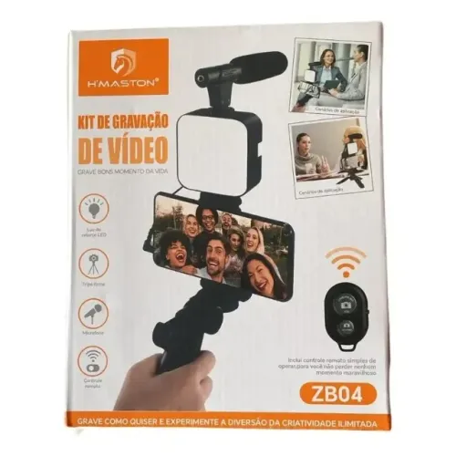 Kit Tripé H'maston Zb04 Vlog Celular Luz Led + Microfone Bastão Monopod kit Gravação