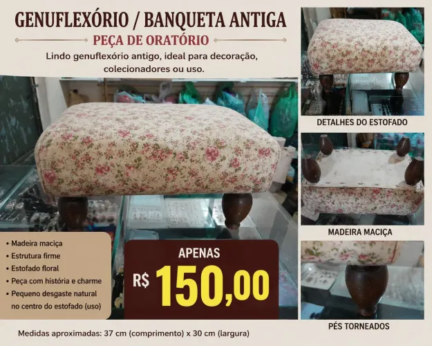 Genuflexório / Banqueta Antiga de Madeira Maciça 