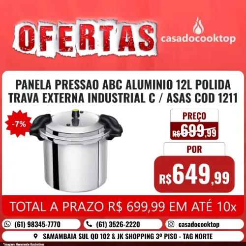 Panela pressao abc aluminio 12l polida trava externa industrial c/asas