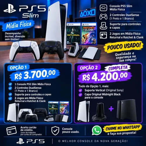 CONSOLE PLAYSTATION 5 SLIM ( MIDIA FISICA) + 2 CONTROLES DUALSENSE+ 2 JOGOS MÍDIA FISICA