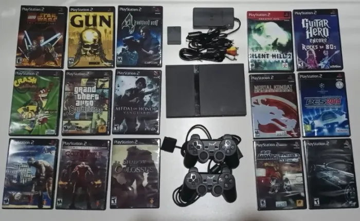 PS2 Slim Com 2 Controles Memory Card e 15 Jogos Novos
