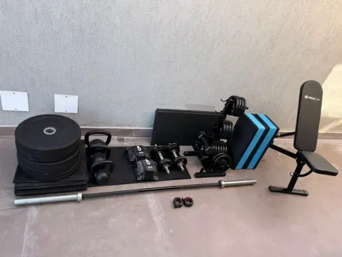 Kit Completo de Academia Profissional - Barra Olímpica, Banco, Anilhas, Halteres e tapetes