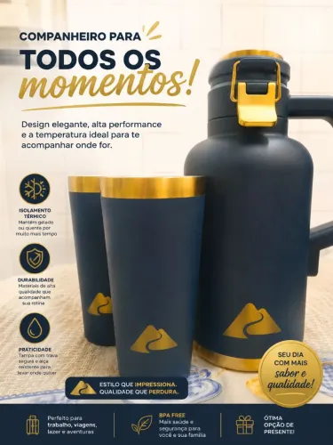 Garrafa térmica e copos com dupla camada