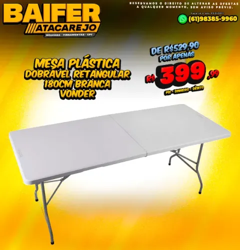Mesa Plástica Dobrável Retangular 180cm Branca Vonder