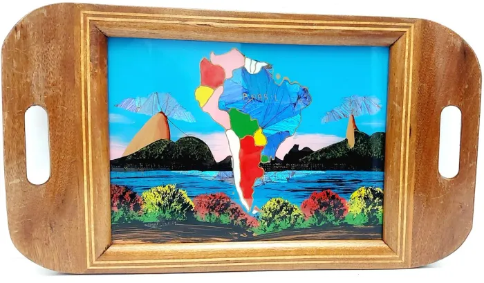 Bandeja Vintage Madeira Marchetada Brasil asas de Borboletas Cenas Tropicais