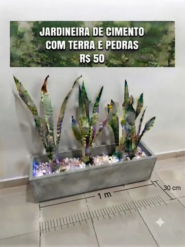 Jardineira de cimento com terra e pedras tamanho: 1 x 0,30