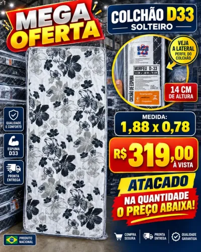 Colchão Solteiro D33 1,88 x 0,78 14cm Novo - R$ 319<br>