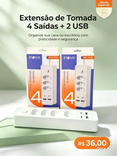 ? EXTENSÃO TOMADA INOVA ? 4 TOMADAS + 2 USB