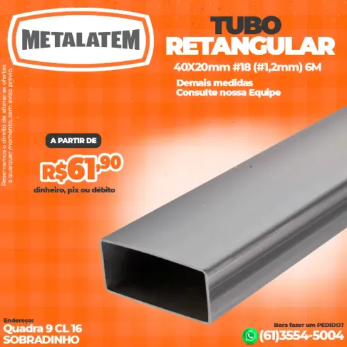 Metalon Tubo Retangular 40x20 #18 (#1,2mm) - 6 Metros