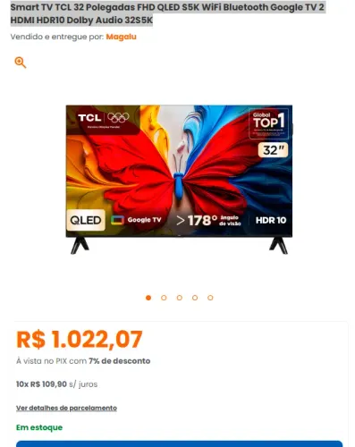 Smart TV TCL 32 Polegadas FHD QLED S5K WiFi Bluetooth Google TV 2 HDMI HDR10 Dolby Audio 3