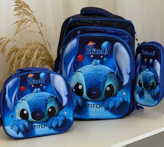Kit Mochila Lancheira e Estojo do Stitch Azul
