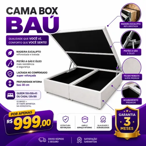Cama Box Baú Casal 138x188 ou Queen 158x198 - Baú com Pistão a Gás | R$999,00