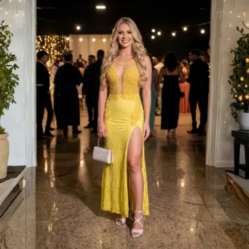 Vestido de Festa Dama Madrinha Formanda Amarelo com fenda na perna pedraria pérolas tule