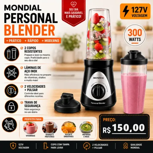 Personal Blender Mondial 300W 127V Com 2 Copos Novo Na Caixa