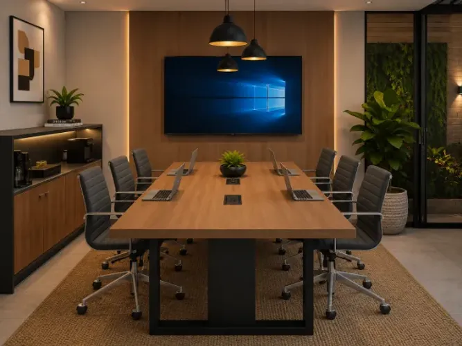 Mesa de Reunião Trapeze Delluxe. Alto Padrão: 8 tomadas L260cm x L120cm x A74cm.