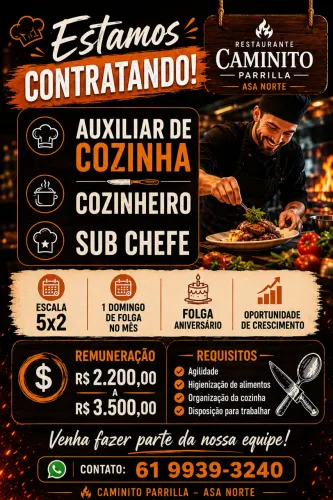 Vaga para Auxiliar de cozinha, Cozinheiro e Sub chefe 