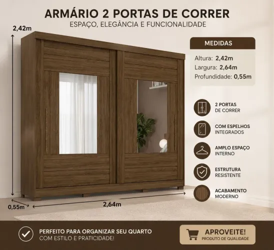 Roupeiro Panan Maria 2 portas slide Glass