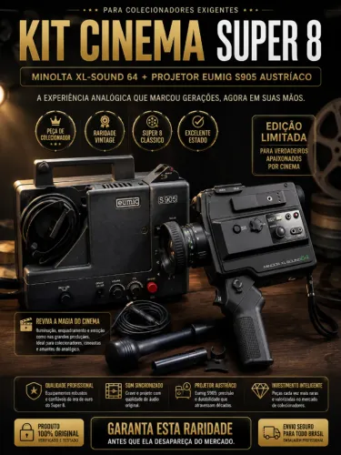 Kit Cinema Super 8 Minolta XL-Sound 64 + Projetor Eumig S905 Austríaco Colecionador