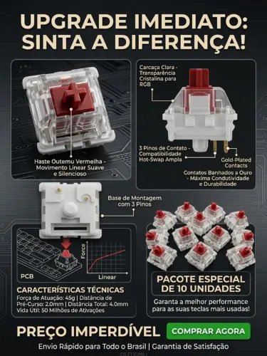 Switches Mecânicos Outemu Red (Linear / 3 Pinos) Kit com 10 ? Novo