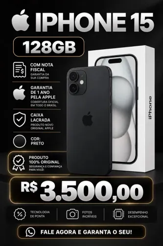 iPhone 15, 128 gigas, com nota fiscal e garantia de um ano pela Apple 