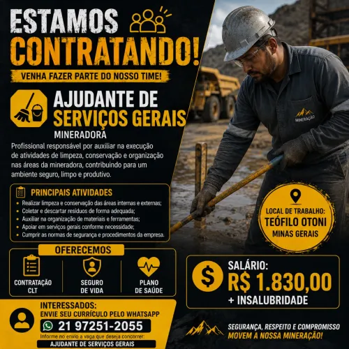 Vaga Ajudante Geral em Teófilo Otoni