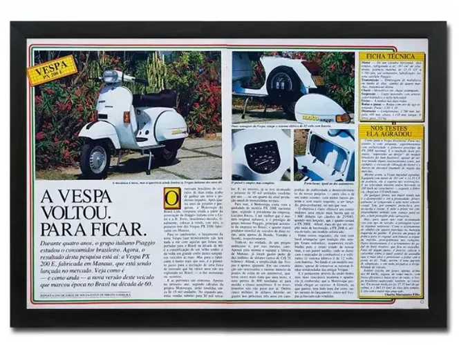Vespa PX 200 E - Quadro decorativo com matéria original de revista de época