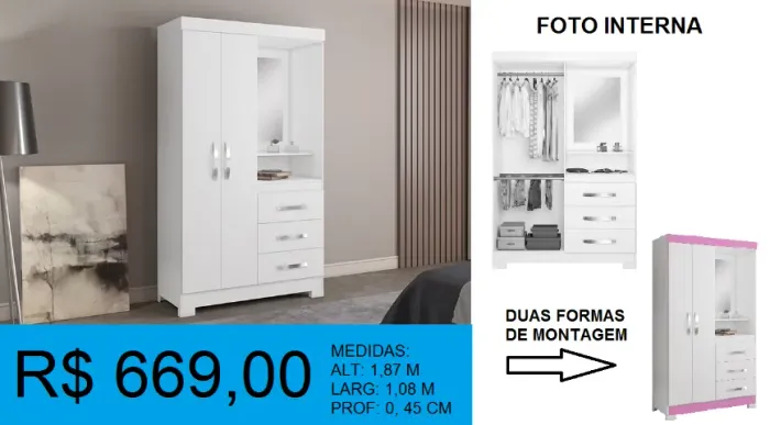 Roupeiro capelinha solteiro com espelho- Entrega e montagem gratis