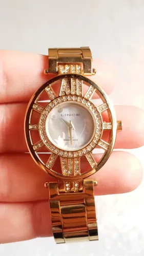 Relógio Lince Dourado com strass resistente a agua