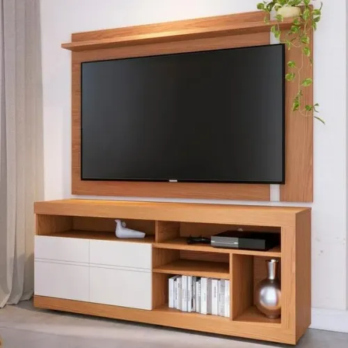 "Elegância em Dobro: Painel Leme e Bancada Rack Inajá em Freijó/Off White Matte para TVs a