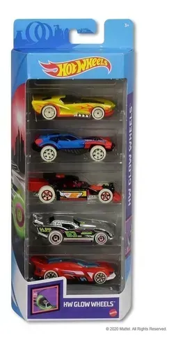 Cartela 5 Carrinhos Hot Wheels Glow Wheels Hw Ghp65 Mattel Original Lacrado