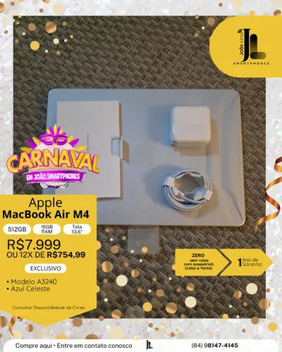 MACBOOK AIR M4, 512GB, 16GB RAM, TELA 15.6 POL., ZERO, SEM CAIXA, EXCLUSIVO!