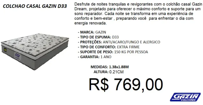 Colchão casal espuma d33 gazin stone dream - à pronta entrega