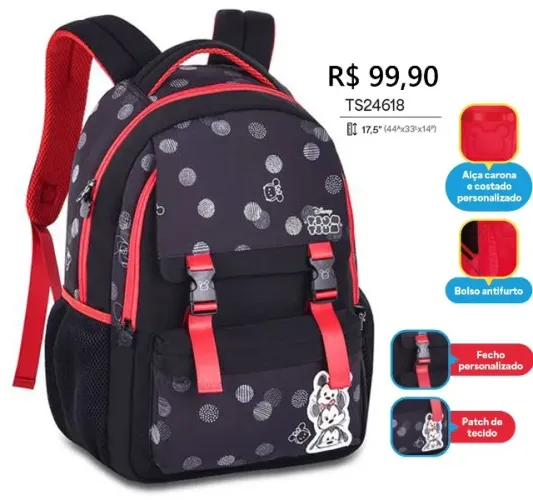 Mochila Costas Mickey Tsumtsum Clio Escolar Cor Preta