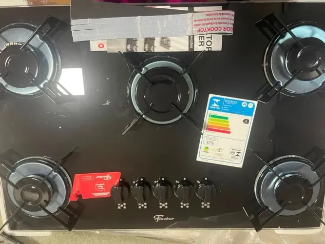 Cooktop Fischer 5 Bocas a Gás Mesa de Vidro Preto Acendimento Automático - NUNCA USADO