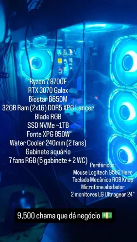 Setup Pc Gamer Completo RTX 3070 + Ryzen 7 + 32GB DDR5 + 2 Monitores LG
