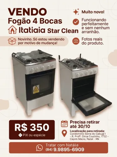 Fogão 4 bocas, MUITO NOVO, vendo por motivo de mudança! Modelo ITATIAIA STAR CLEAN