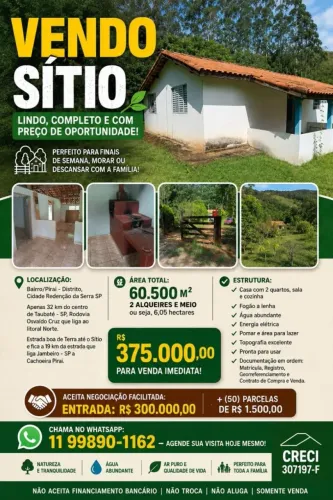 Vende-se Sítio Redenção da Serra SP com 2 Alqueires e Meio