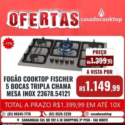 FOGÃO COOKTOP FISCHER 5 BOCAS TRIPLA CHAMA MESA INOX 23678.54121