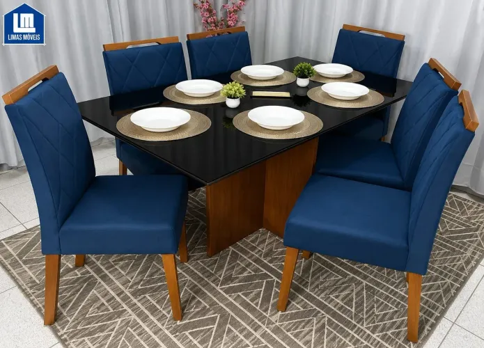 MESA DE JANTAR 1.60×80 TAMPO COM VIDRO E 6 CADEIRAS MACIÇA 