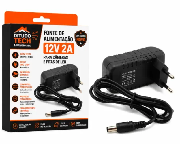 Fonte de Alimentação 12V 2A Para Câmeras e Fitas de LED - Novo - Ditudo Tech e Variedades