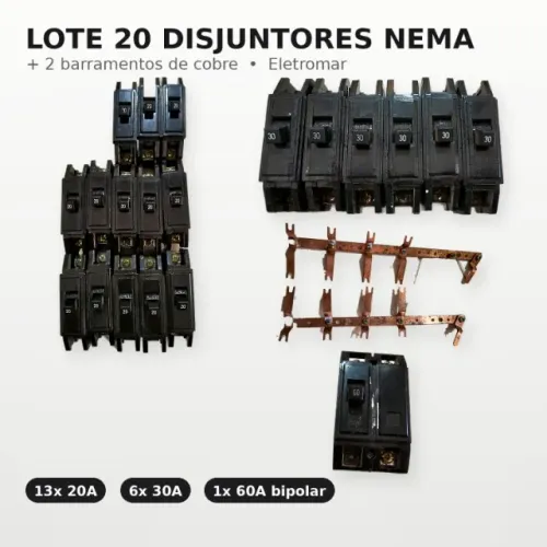 Lote 20 Disjuntores NEMA 20A/30A/60A + 2 Barramentos de Cobre - DIFÍCIL DE ACHAR!!!