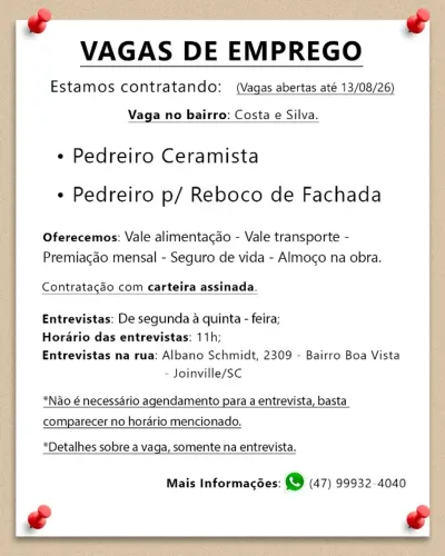 Pedreiro de acabamento. Joinville/SC